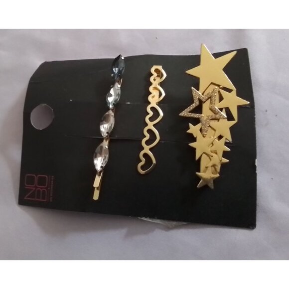 NOBO Hair Clip Pin Set - Crystal Heart & Star Designs - Gold Tone - Picture 3 of 4